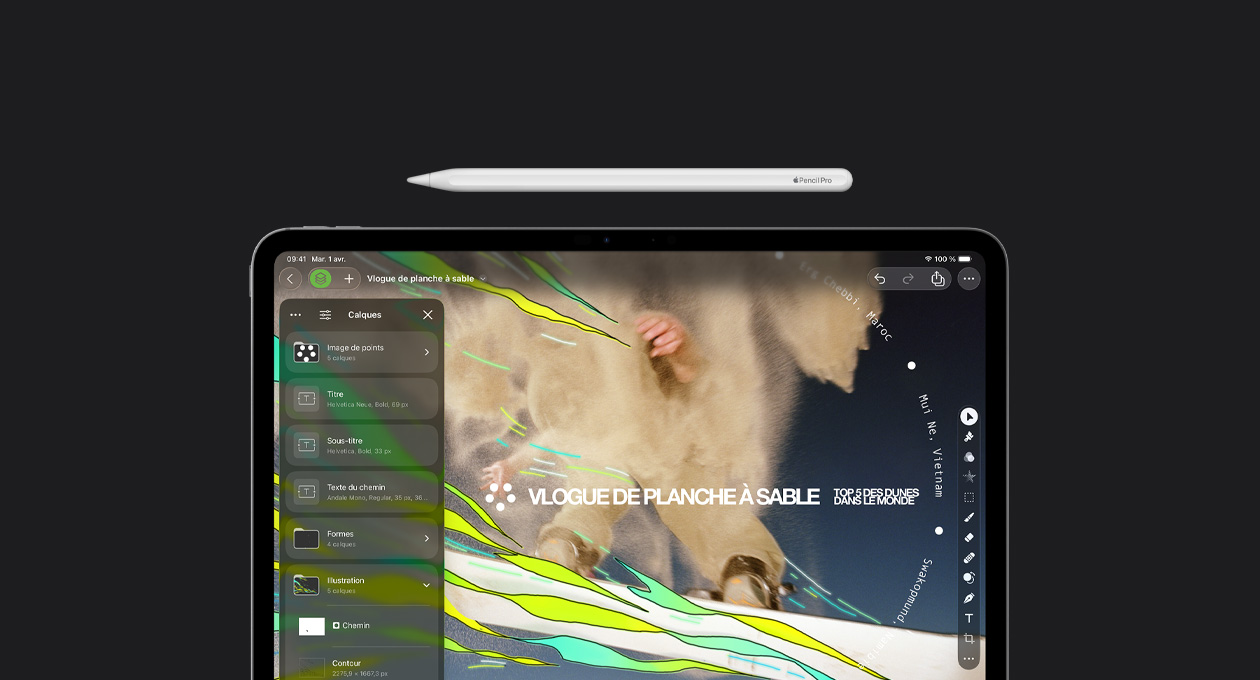Apple Pencil au-dessus d’un iPad Pro 13 pouces, écran affichant les outils de calques et de design graphique de Pixelmator Pro, fichier de vlogue sur la planche à sable