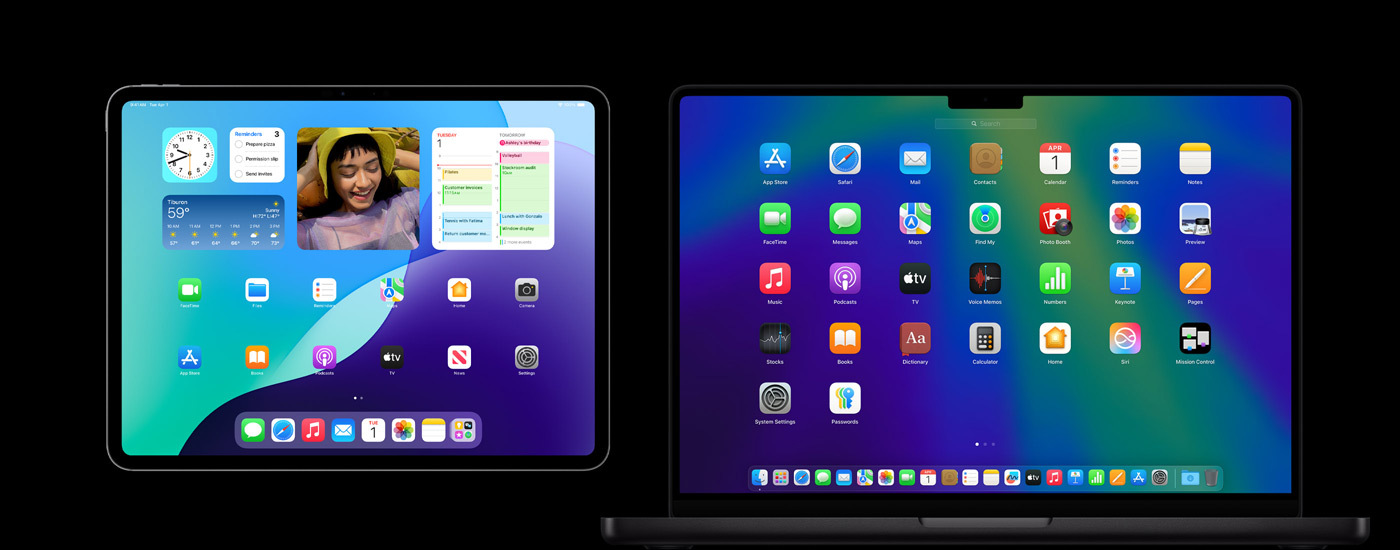 En iPad og en Mac med forskellige appsymboler. iPad-enheden viser flere widgets, herunder Kalender, Vejr og Fotos.