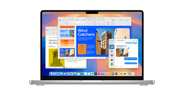 Demonstration of apps like Microsoft PowerPoint and Messages on MacBook Pro M4.