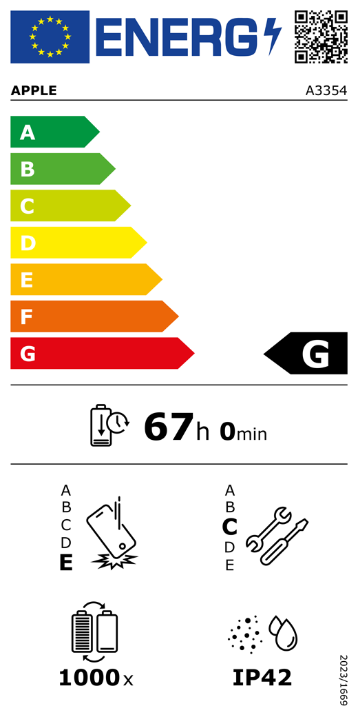 EU-energielabel, QR-code en informatie, Apple model A3354, klasse G, energie-efficiëntieklassen (met schaal van A tot G), A (meest efficiënt) tot G (minst efficiënt), batterijduur per cyclus, 67 uur en 0 minuten per keer volledig opladen, betrouwbaarheidsklasse E bij herhaaldelijke vrije val, A (meest robuust) tot E (minst robuust), repareerbaarheidsklasse C, A (gemakkelijkst repareerbaar) tot E (moeilijkst repareerbaar), levensduur batterij 1000 cycli, classificatie IP42 voor bescherming tegen binnendringen van stof en water (IP), verordening 2023/1669