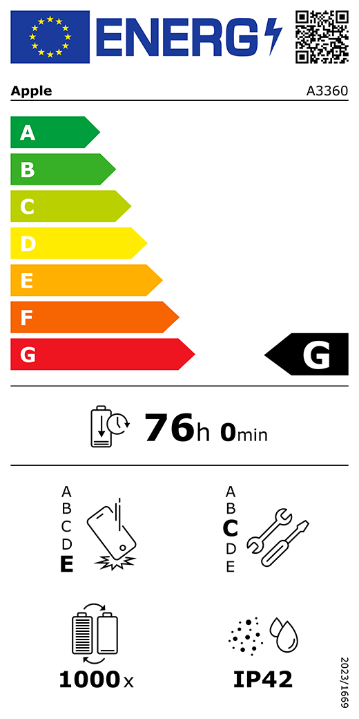 EU-energielabel, QR-code en informatie, Apple model A3360, klasse G, energie-efficiëntieklassen (met schaal van A tot G), A (meest efficiënt) tot G (minst efficiënt), batterijduur per cyclus, 76 uur en 0 minuten per keer volledig opladen, betrouwbaarheidsklasse E bij herhaaldelijke vrije val, A (meest robuust) tot E (minst robuust), repareerbaarheidsklasse C, A (gemakkelijkst repareerbaar) tot E (moeilijkst repareerbaar), levensduur batterij 1000 cycli, classificatie IP42 voor bescherming tegen binnendringen van stof en water (IP), verordening 2023/1669
