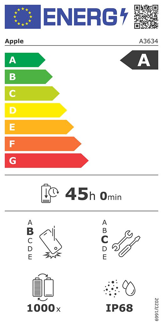 EUs energimerking, QR-kode og informasjon vises for Apple-modell A3634, som er i energiklasse A på en skala fra A til G, der A er mest effektiv og G er minst effektiv. Batteritid per syklus er 45 timer og 0minutter per fullading. Ved gjentatte fall er den i holdbarhetsklasse B på en skala fra A til E, der A er mest holdbar og E er minst holdbar. Den er i reparerbarhetsklasse C på en skala fra A til E, der A er mest reparerbar og E er minst reparerbar. Batteriet har en forventet levetid på 1000 ladesykluser, og enheten er støv- og vannbestandig med en rangering på IP68, forordning 2023/1669.