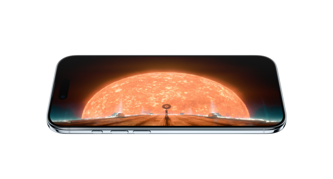 Vista frontal e lateral do iPhone Air, a mostrar uma imagem da série Fundação na Apple TV