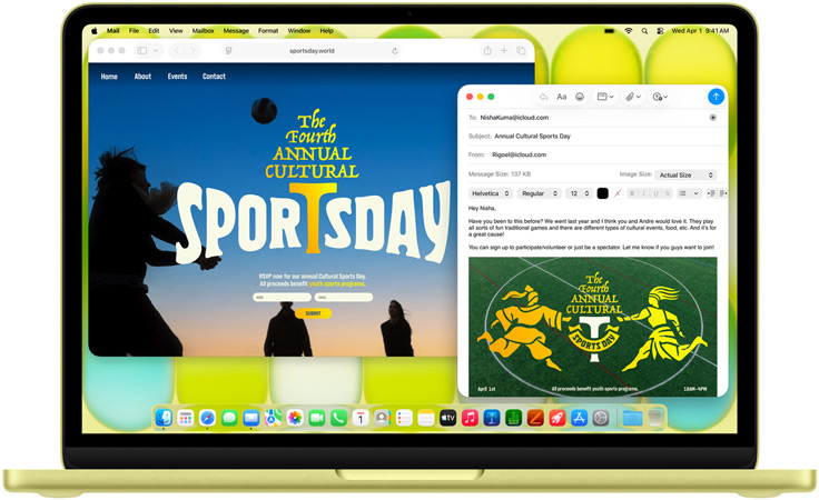 MacBook Neo, värinä sitrus, kädet näppäimistöllä, käyttäjä kirjoittaa sähköpostikutsua urheilutapahtumaan, tapahtuman verkkosivu on avoinna vieressä