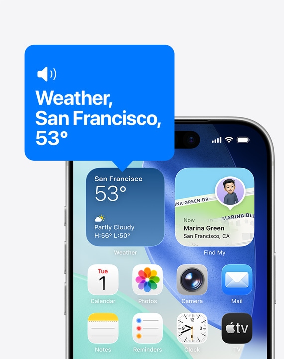 Početni zaslon iPhonea, ikona widgeta Vrijeme koju VoiceOver čita naglas