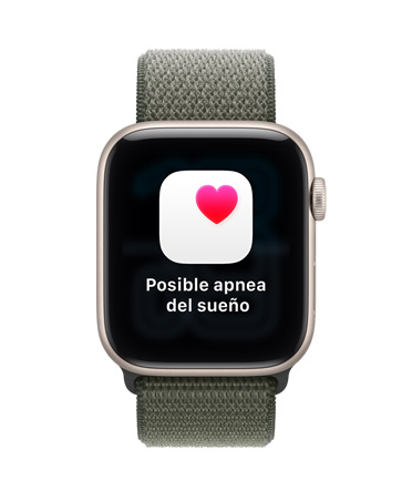 Apple Watch SE 3, caja de aluminio, blanco estelar, notificación de posible apnea del sueño, corazón rosa en un recuadro blanco, parte lateral derecha, Digital Crown, correa loop deportiva, color bosque