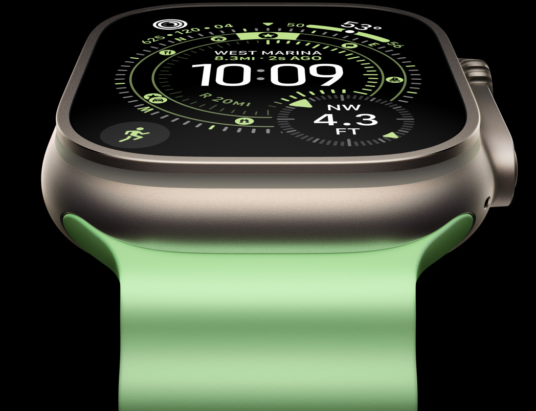 Apple Watch Ultra 3, caja de titanio, natural, brújula en la carátula Orientación, correa Ocean, verde neón