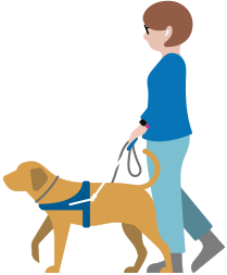 Pessoa com deficiência visual usando AirPods e caminhando com um cão de serviço.