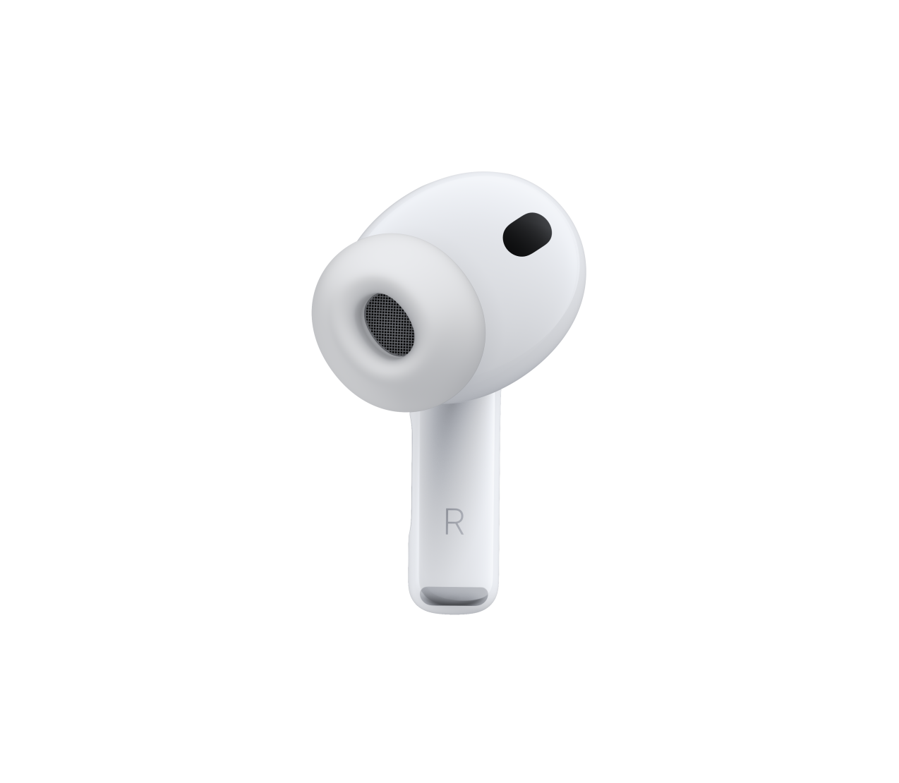 AirPods Pro 3, balta krāsa, trokšņus slāpējošs mikrofons, silikona uzgalītis, īsa kājiņa ar burtu R