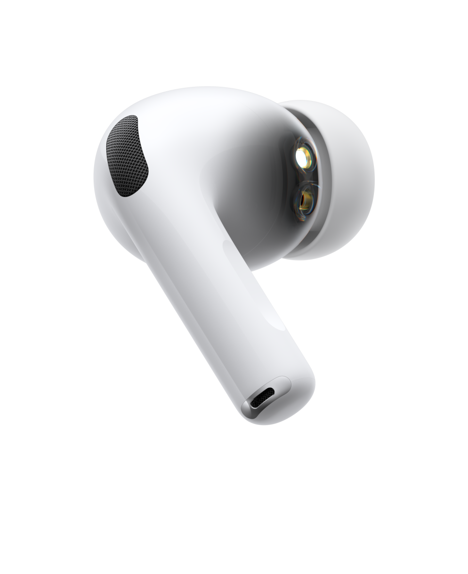 AirPods Pro 3, bezvadu austiņa, balta krāsa, sānskats, īsa, cilindriska kājiņa, trokšņus slāpējošs mikrofons, silikona uzgalītis, pulsējošs vilnis