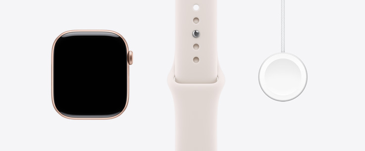 Apple Watch Series 11, aluminijsko kućište u ružičasto zlatnoj boji, prednja vanjska strana, zaslon od ruba do ruba, sportski remen rumene boje, kabel za magnetski brzi punjač za Apple Watch s USB‑C priključkom