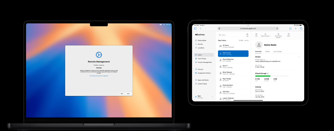Two Apple devices side by side: a Mac computer displaying a Remote Management window and an iPad showing a Remote User Management screen.