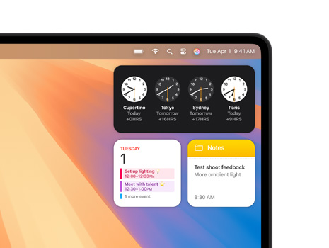 Various widgets on a Mac desktop including Clock, Calendar and Notes.