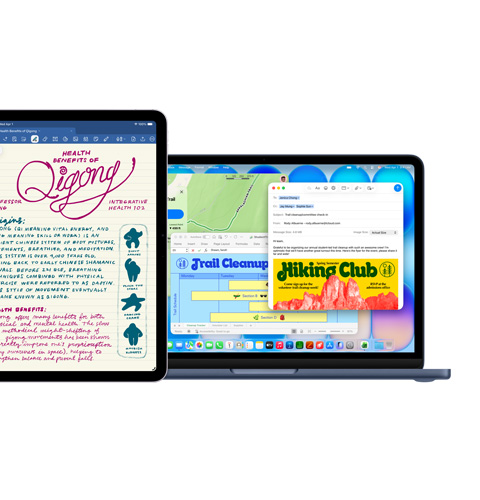 iPad 螢幕顯示 Goodnotes app，Mac 螢幕顯示多個 app 同時使用中