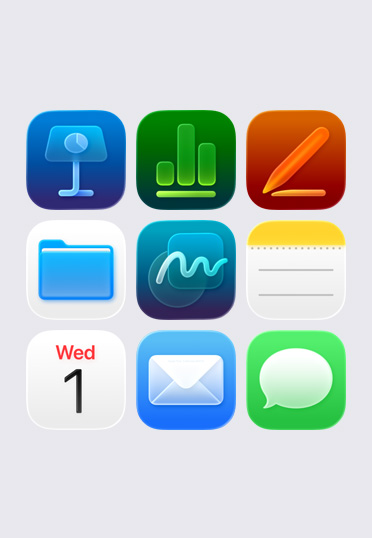 Apple-appikoner placeret i tre rækker med tre i hver, inklusive: Keynote, Numbers, Pages, Arkiver, Noter og Kalender.