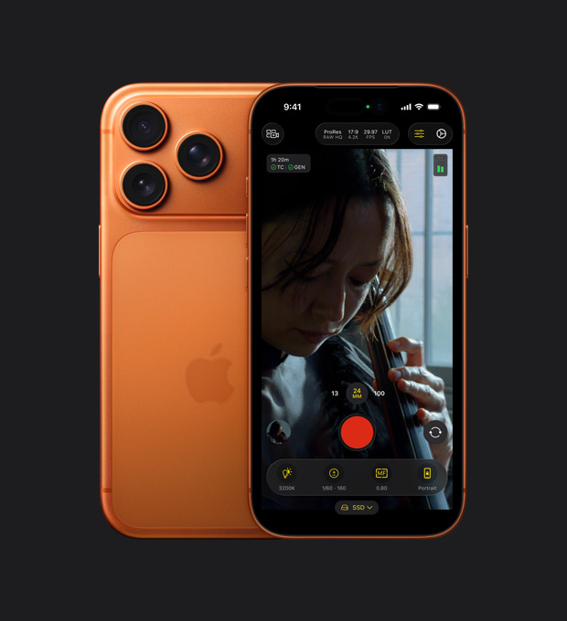 Vista frontal do ecrã do iPhone 17 Pro, a mostrar a funcionalidade ProRes RAW enquanto grava uma mulher a tocar violoncelo