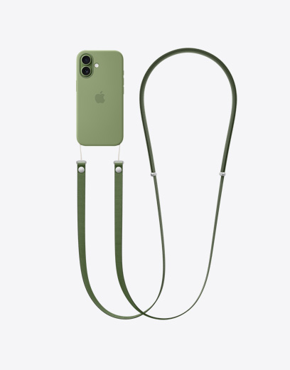 iPhone 17, eksterior belakang, bumper hijau sage dengan Tali Selempang kuning neon terpasang