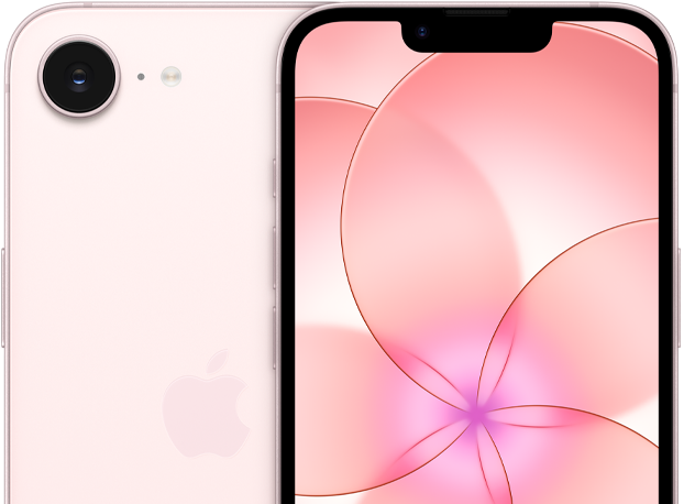 iPhone 17e, parte delantera, color rosa palo, vista parcial de la parte trasera de un iPhone 17e que muestra la cámara