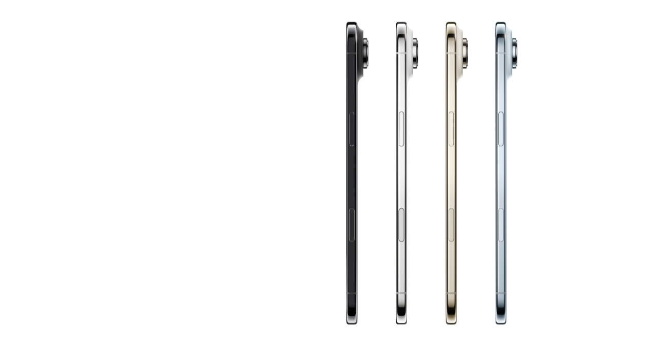 iPhone Air 機身側面，顏色分別為天藍色、淺金色、雲白色與太空黑色，展示超纖薄外型、融合相機系統，以及側邊按鈕與相機控制按鈕