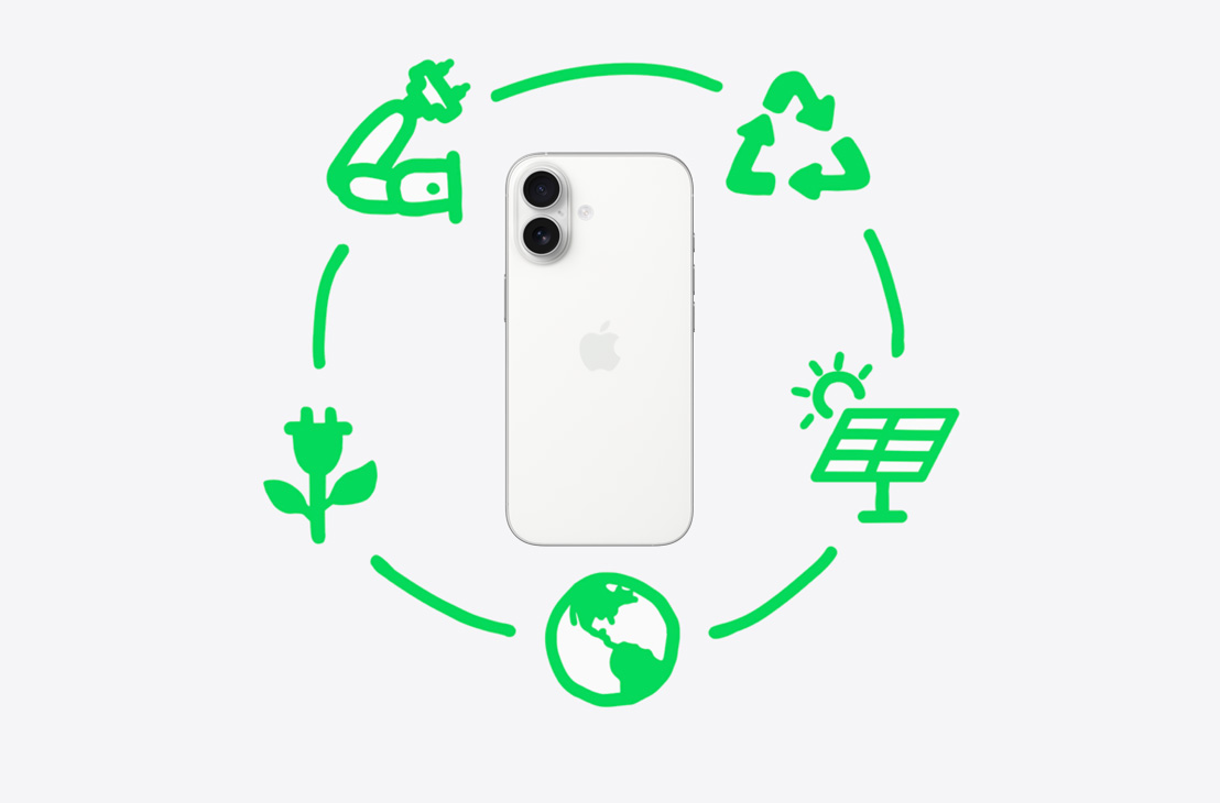 رسم يوضح الخطوات التي تتخذها Apple لإعادة تدوير المواد وإعادة استخدامها، بما في ذلك التصميم والتوريد والتصنيع والتغليف والشحن والاستخدام والاسترداد، ويحيط بجهاز iPhone 17، الجزء الخلفي الخارجي.